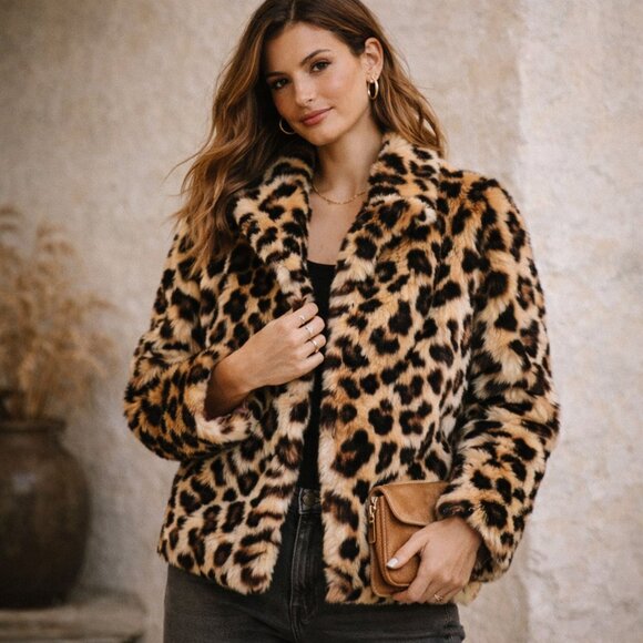 Band of Gypsies Leopard Print Faux Fur Jacket Coat Size Oversized S or M - Picture 2 of 12